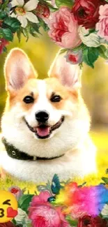 Cute corgi with floral background in sunny meadow.