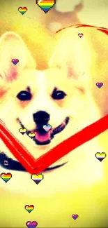 Adorable Corgi with heart design and colorful hearts wallpaper.