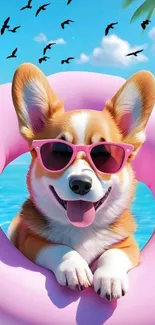 Corgi dog with sunglasses enjoying the beach on a floaty.