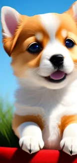 Adorable corgi puppy against a blue sky background.