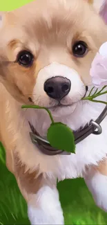 Cute corgi holding flowers on green grass.