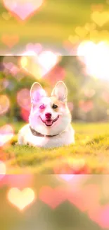 Corgi lying on grass with heart-shaped bokeh in the background.