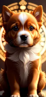 Cute corgi with a golden ornate background, perfect mobile wallpaper.