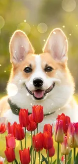 Corgi sitting among red tulips in a sunlit field.