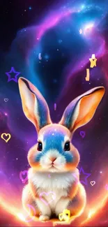 Cute rabbit in colorful cosmic nebula with hearts and stars.