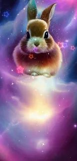 Cute fluffy bunny in a cosmic neon starry background.