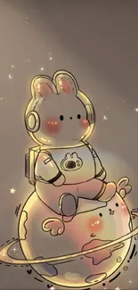 Cartoon bunny astronaut on a planet in space.