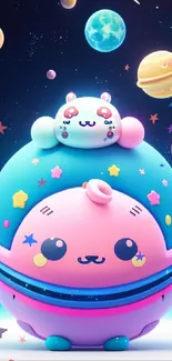 Cute cosmic cartoon with colorful planets and playful characters.