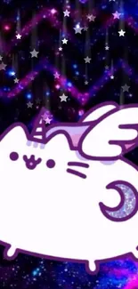 Cute cosmic cat with wings in purple galaxy background.