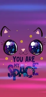 Cute cosmic cat with galaxy eyes on vibrant purple pink background.