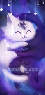 Two adorable cats intertwined in a cosmic purple swirl on a mobile wallpaper.