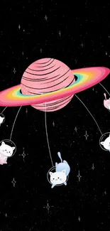 Whimsical wallpaper of cats floating in space around a colorful planet.