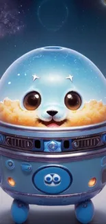 Adorable creature in a cosmic-themed robot suit with a brightly colored sky.