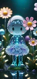 Cute character surrounded by glowing flowers in a cosmic garden scene.