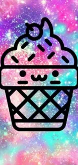 Kawaii ice cream with colorful galaxy background.