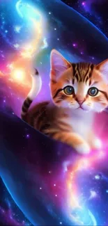 Cute kitten floating in a colorful galaxy.