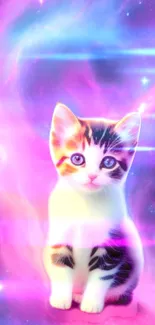 Adorable kitten with a pink cosmic galaxy background.