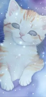 Adorable kitten with a cosmic, starry background in lavender hues.