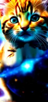 Colorful cosmic kitten with galaxy background.