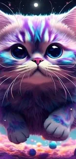 Adorable cosmic kitten with vibrant colors in a fantasy setting.