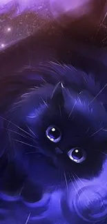 Purple cosmic kitten with starry eyes in a mystical wallpaper.