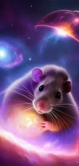 A cute mouse in a colorful cosmic space scene with galaxies and neon lights.