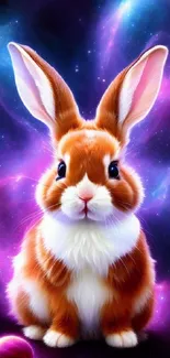 Cute rabbit set against a vibrant cosmic background.