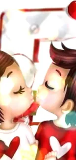 Cute cartoon couple kissing with red heart designs.