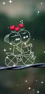 Cute couple cartoon riding a bicycle with hearts and sparkles.