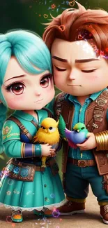 Cute cartoon couple with birds in nature setting, teal dominant color.