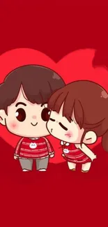 Cute cartoon couple with red heart background.