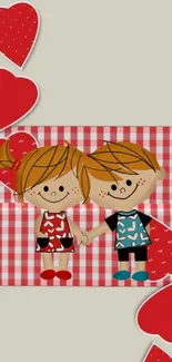 Cartoon couple with hearts on gingham background.