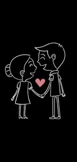 Cute couple hand in hand with heart symbol on black background.