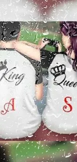 Couple in king and queen shirts with raindrop effects.