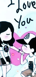 A cute cartoon couple with an 'I Love You' message and pink heart background.