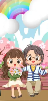 Animated couple on bench with flowers and rainbow in a cherry blossom park.