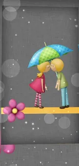 Cute cartoon couple under umbrella wallpaper with a romantic vibe.