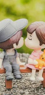 Cute cartoon couple sits on bench.