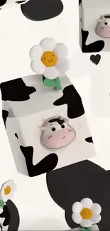 Cute cow and flower on white and black pattern wallpaper.