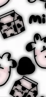 Cute cow and milk carton wallpaper in black and white design.