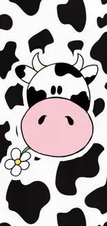 Adorable cartoon cow wallpaper with pink nose and black spots, featuring a daisy.