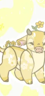 Cute cartoon cow with flowers in a light yellow background.