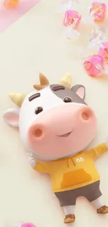 Cute cartoon cow with candies wallpaper, pastel background.