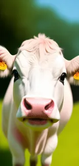 Adorable cow in a green pasture with fluffy ears.