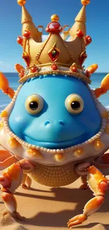 Cute blue crab wearing a crown on a sunny beach.