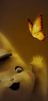 Cute creature reaching for a butterfly with warm yellow tones.