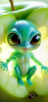 Whimsical creature inside a green apple.