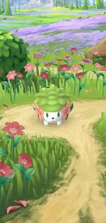 Cute creature on a floral path with mountains.