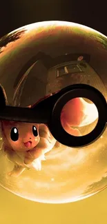 A cute cartoon creature inside a Pokeball with golden brown background.