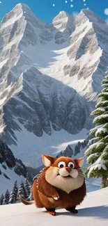 Cute animated creature in snowy mountain landscape.